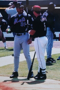 This photo showing Mike Piazza and Jeff Bagwell sharing pleasantries  in spring training is in the book as well! Will the Hall come calling for Mike  and Jeff this Year? 